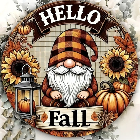 None Other - Hello Fall Wreath Pumpkins Sunflowers Plaid Gnome 5D Diamond Painting Kit New